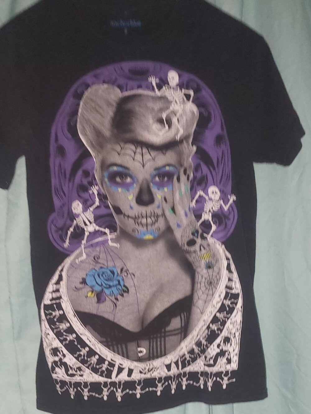 Anchor Blue Día de Los Muertos Pin Up Girl T-Shirt Small